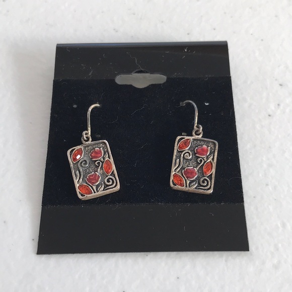 Vintage Jewelry - Vintage Sterling Silver Red Rose Portrait Earrings
